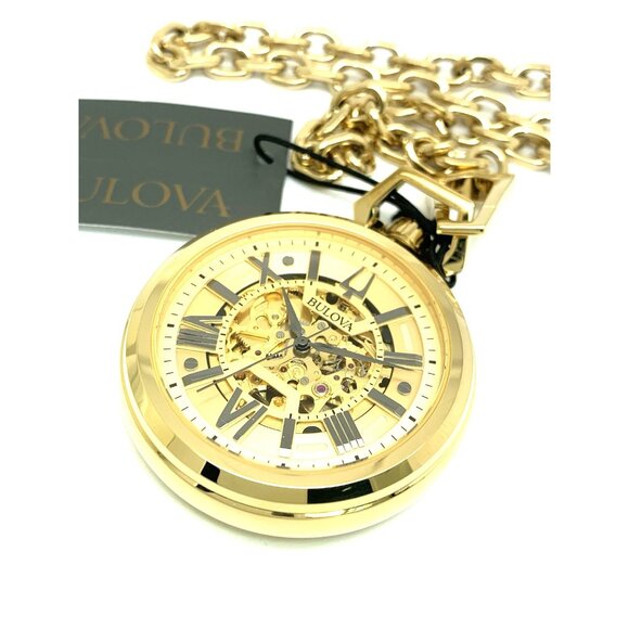 Bulova Pocket Watch 97A178 Sutton Automatic Skeleton Gold Stainless Steel 50mm - Picture 1 of 8